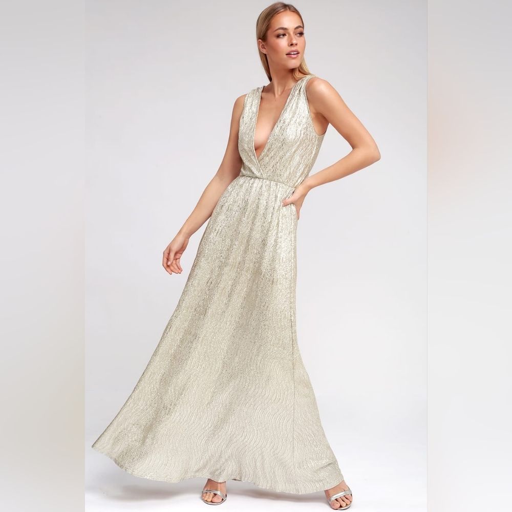 Lulu's All that Shimmers is Gold Light Gold Maxi Dress - Size Medium